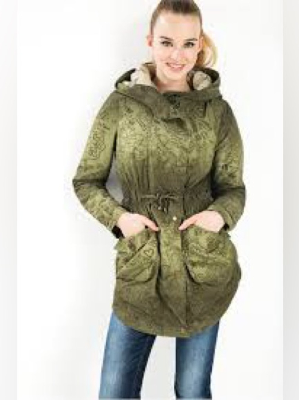 DESIGUAL Oliver Green Velvet graphics light winter coat!